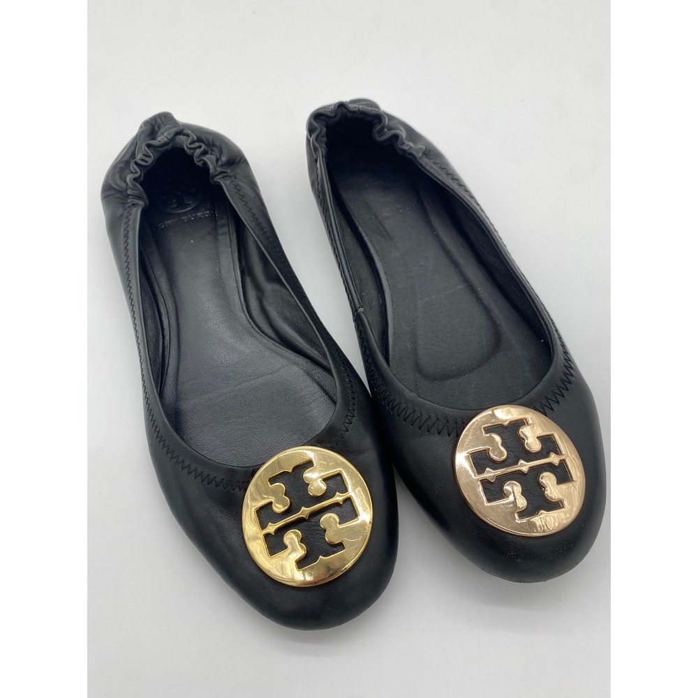 Tory Burch Minnie Travel Ballet Flats Black Leather Gold Logo Medallion 38